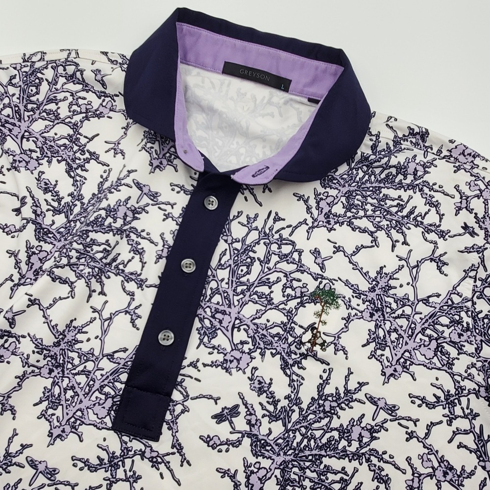 Greyson Clothiers Men L  Pine Tree Golf Logo Purple Coral Dragonfly Print Shirt